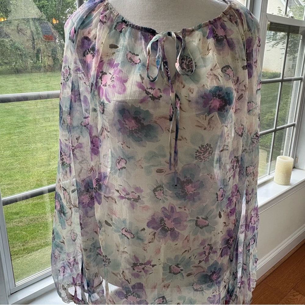 Johnny Was‎ Glinda silk peasant blouse XL floral white purple light sheer NWT - Picture 6 of 12